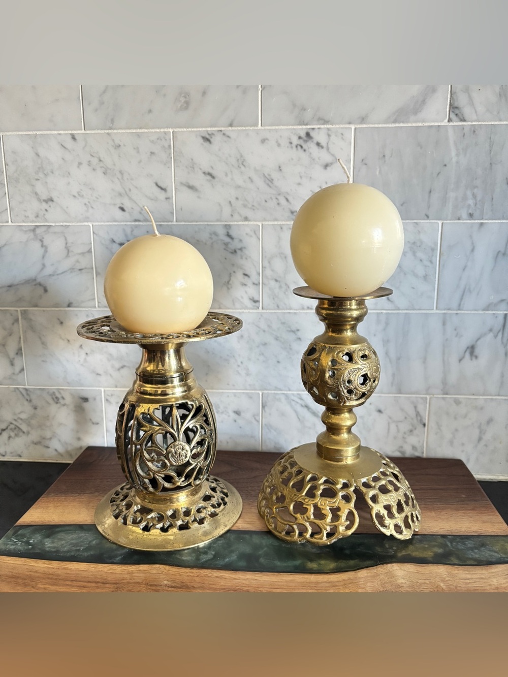 Vintage Pair of Ornate Brass Filigree Pillar Candle Holders